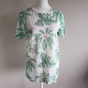 NEW Pull & Bear Short Sleeve Leaf Print Cream Green Soft Stretch Size S